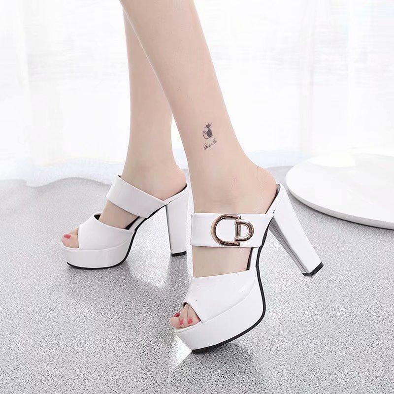 Ladies Leather Sole Slippers Women Sexy High Thick Heel 12cm Mules Black Red White Peep Toe Platform PU Sandals Shoes Breathable