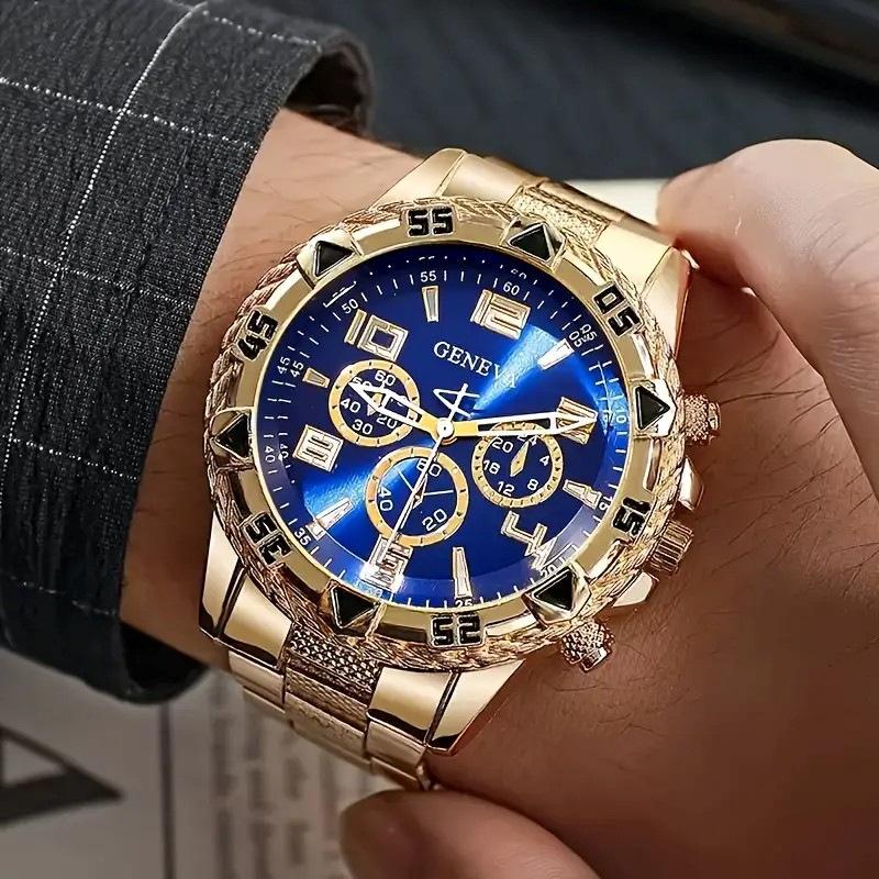 Blu-ray Symphony Glass Men's Watch Steel Belt Quartz Watch Digital Engraved Vacation Three-Eye Watch