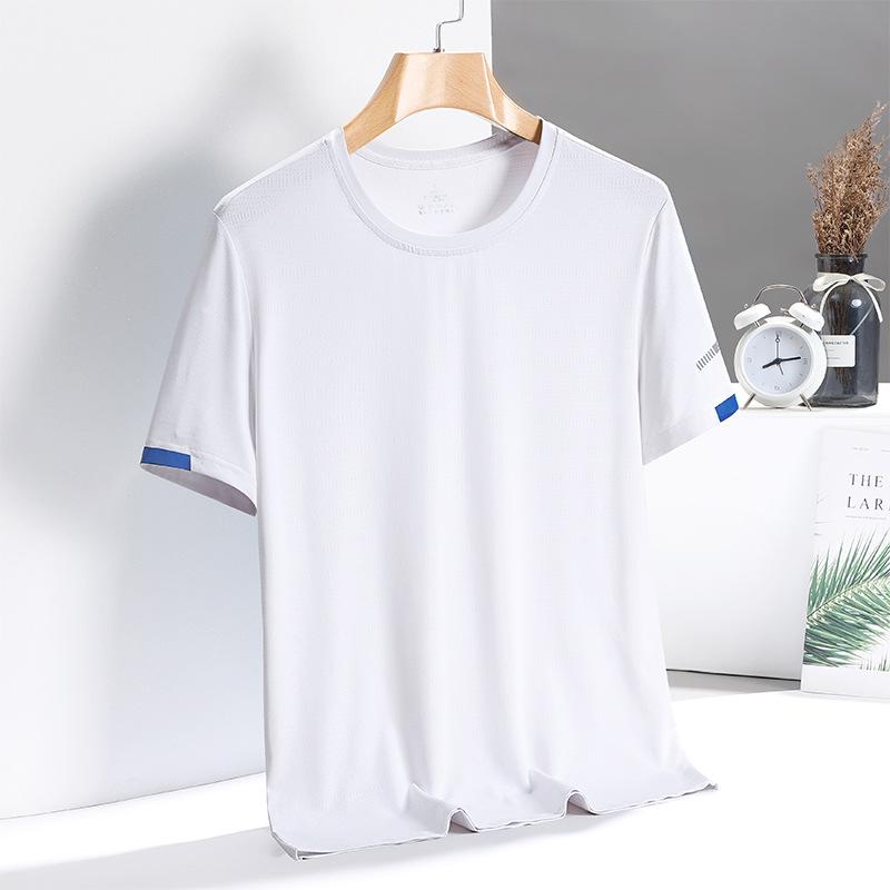 Tricou cu mânecă scurtă, rece și respirabil, pentru bărbați, de vară, din mătase de gheață, cu gât rotund, tricou casual