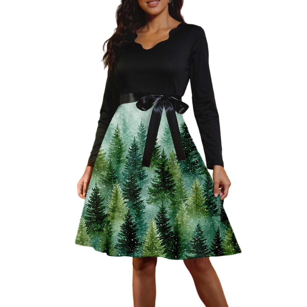 Women's Casual Fashion Long Sleeve Christmas Graphic Printed Vintage Long Dresses