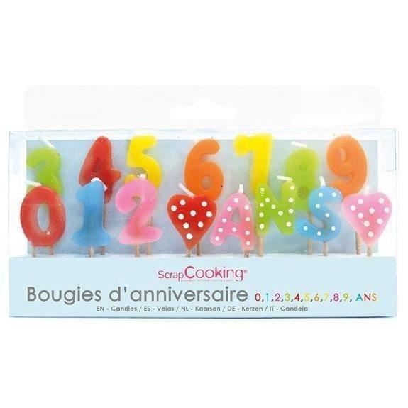 Lot de bougies chiffres - SCRAPCOOKING - 15 bougies - Chiffres 0 à 9 + cœurs + lettres ANS