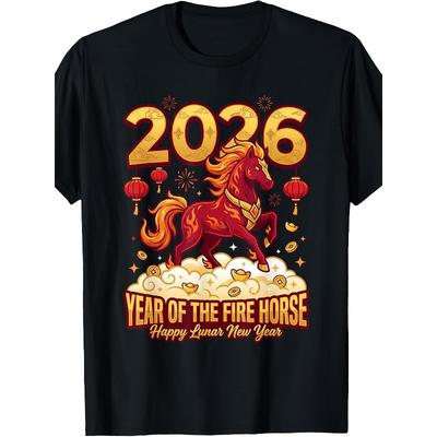European Size 2026 Chinese New Year of The Fire Horse Lunar Zodiac T-Shirt | for Women, Summer Short-Sleeved, Vintage Style, Crew Neck