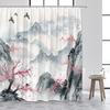 Ink Landscape Shower Curtain Abstract Mountain Water Red Floral Birds Chinese Style Bath Curtains Home Bathroom Decor with Hooks