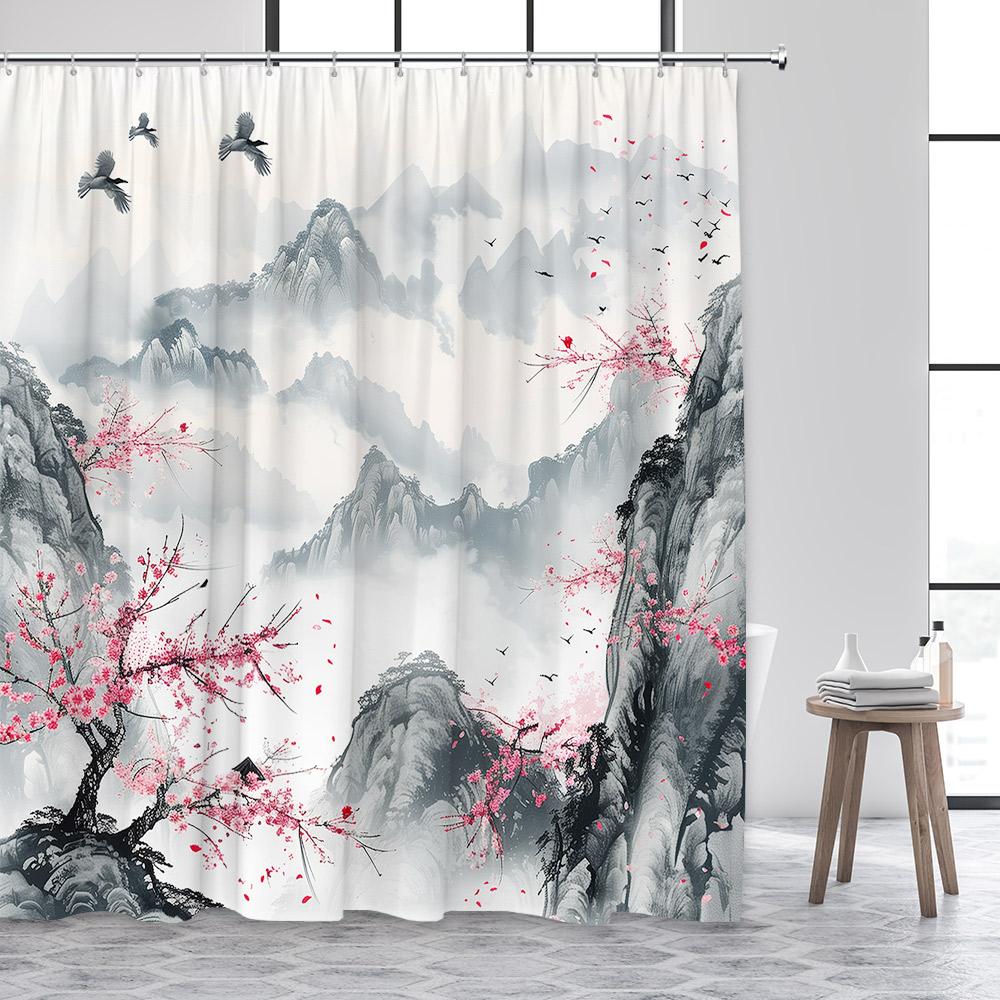 Ink Landscape Shower Curtain Abstract Mountain Water Red Floral Birds Chinese Style Bath Curtains Home Bathroom Decor with Hooks