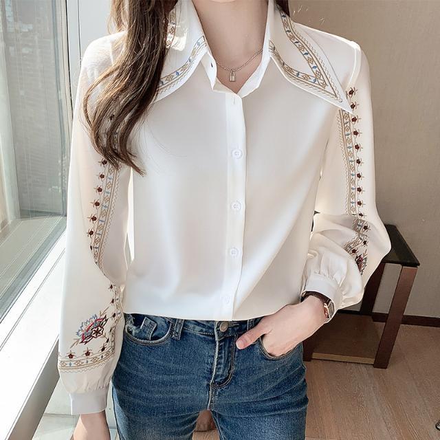 Chiffon Blouse Women Long Sleeve Embroidered Elegant French Top Light  Style Tops