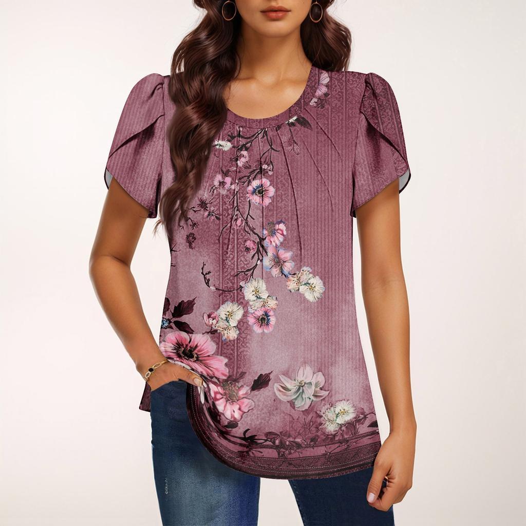Damen Modisches Rundhals Kurzarm Bedrucktes Lässiges Basic Plissiertes Pullover T-Shirt Top