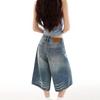 Fashion Summer Vintage Whisker Unisex Streetwear Wide Leg Loose Straight Denim Cropped Capri Pants Trendy Versatile Slimming Couple Outfit