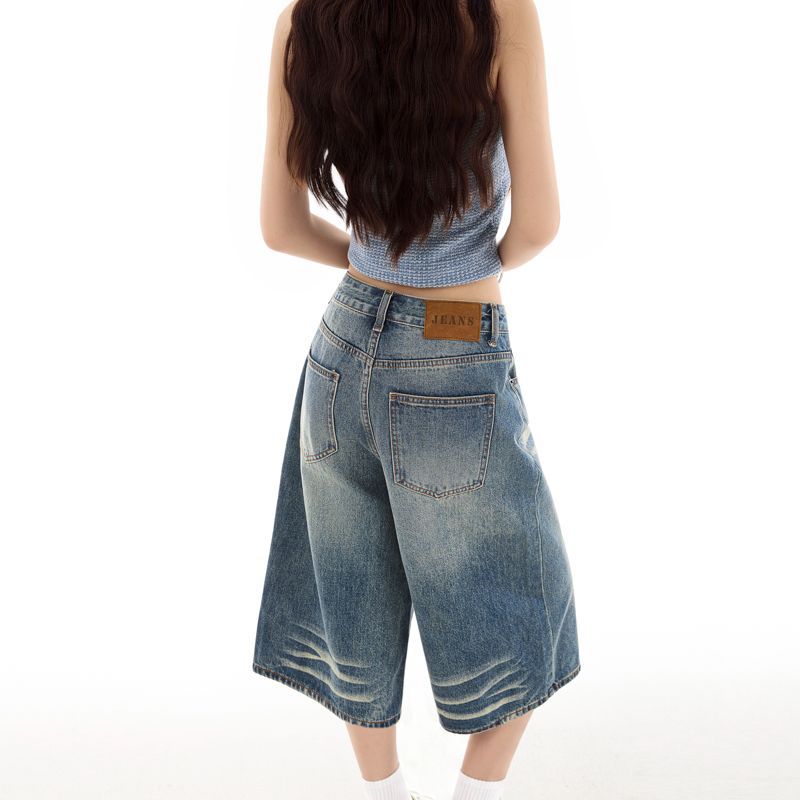 Fashion Summer Vintage Whisker Unisex Streetwear Wide Leg Loose Straight Denim Cropped Capri Pants Trendy Versatile Slimming Couple Outfit