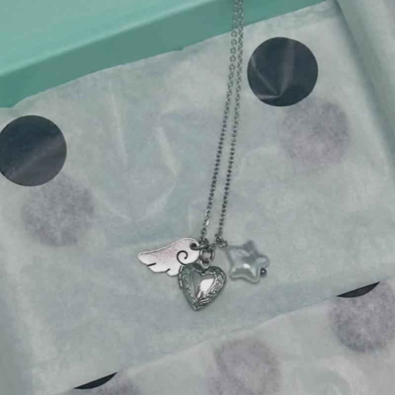 Heart Star Angel Wing Pendant Necklace, 50cm Alloy Collarbone Chain Jewelry for Daily Wear, Streetwear Styling, Birthday Holiday Gift