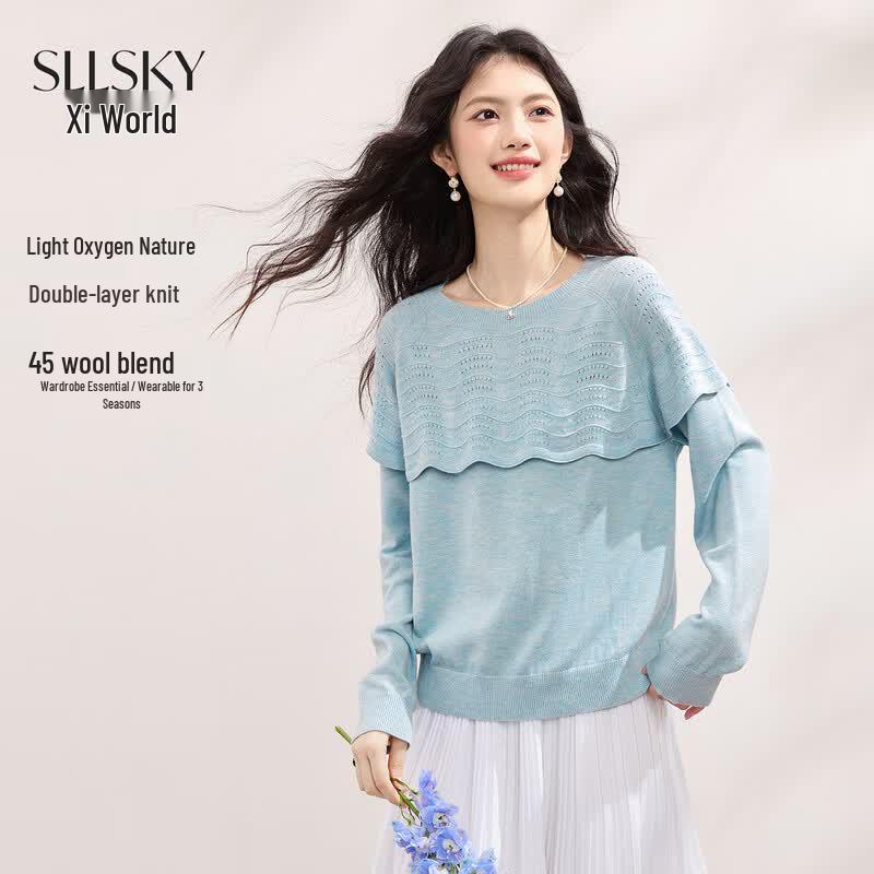 Sllsky Women s Ruffle Patchwork Knit Top M