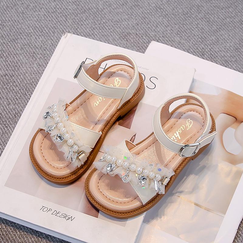 

Kids Beach Shoes Open Toess Lace Bows Beadings Girls Sandals Sweet Lace 2025 Summer New Children Princess Shoes Comfortable 26 бежевый