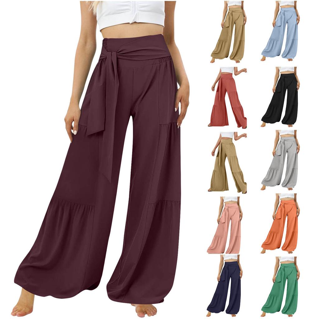 Hohe Taille Gürtel Binden Schlitz Weites Bein Schnelltrocknende Freizeithose Yoga Weites Bein Seitenschlitz Sommer Freizeithose Weites Bein
