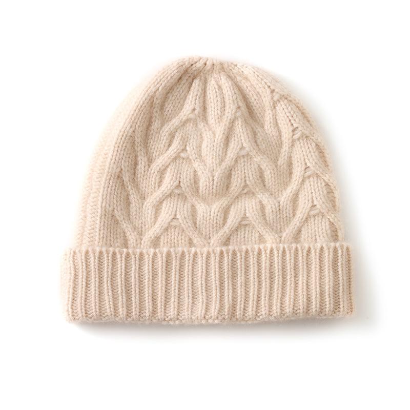 Cashmere Autumn and Winter New Style Women's High End Solid Color Knitted Warm and Cold Proof Fashionable Twisted Cuff Casual Hat