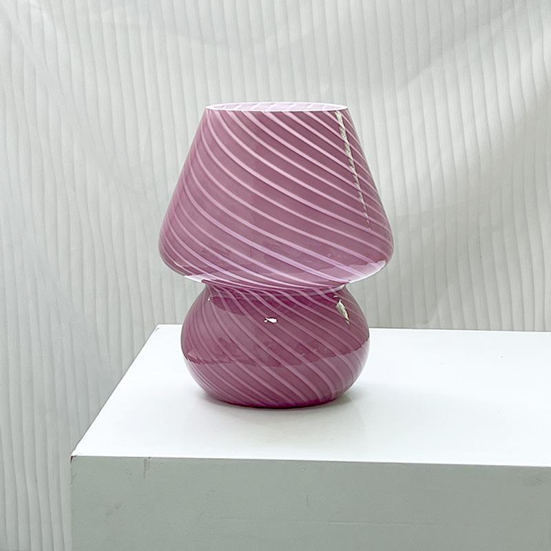 American Medieval Vintage Striped Glass Mushroom Table Lamp with USB - Retro Bedside Night Light