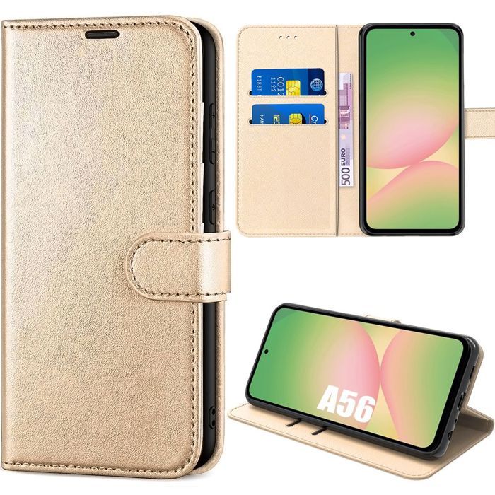 Coque de protection - BOOLING - Samsung Galaxy A56 5G - Synthécuir doré - Antichoc - Support intégré