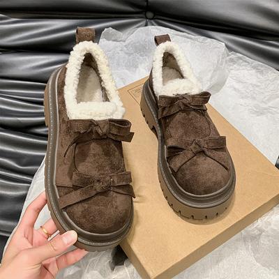 Pantofi cu platformă cu blană cu fundă pentru femei Pantofi din piele întoarsă Pantofi din bumbac de pluș de marcă de iarnă pantofi ocazionali calduri pentru femei 2025 Trend Cozy Botas Mujer