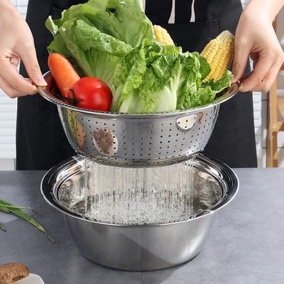 Premium Stainless Steel Kitchen Combo - 3-Piece Set with Slicing Basin, Draining Basket & Multi-Functional Strainer Bowl
