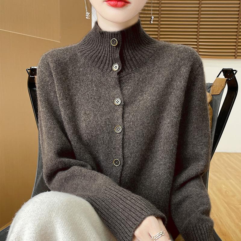 Seven-Needle Stand-Up Collar Cashmere Cardigan: Warm, Simple Solid Color, Versatile Age-Reducing Knitted Sweater.