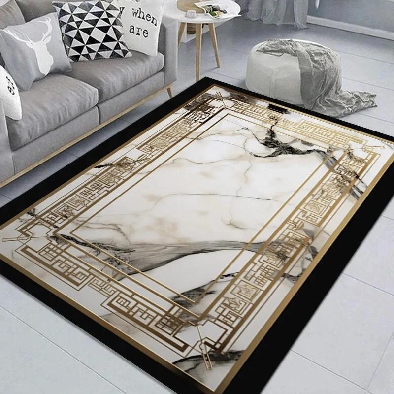 Elegant Black Gold Marble Rug Decorative Carpet for Living Room Large Area Floor Mat Non-slip Doormat for Hallway Balcony
