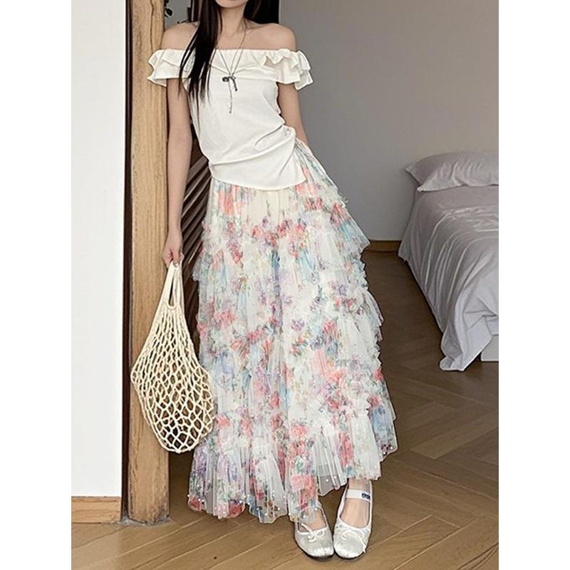 

New bead irregular skirt splicing printing gauze skirt rose printing cake skirt mesh yarn long skirt women s fluffy skirt One size fits all (42.5-70kg)
