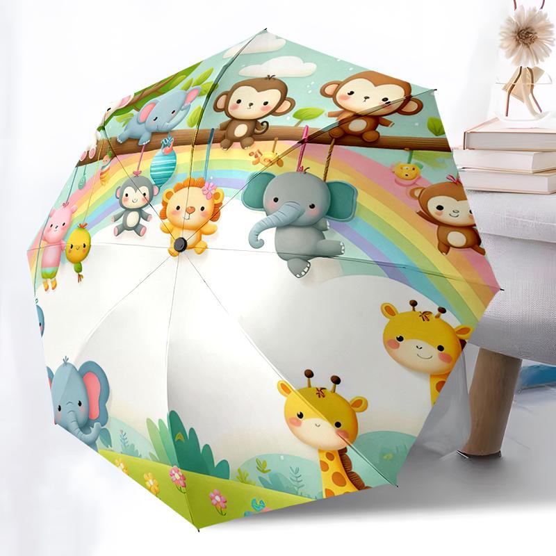 

1pc Cartoon Forest Animals Theme pattern Umbrella Portable Folding Umbrella Iron Frame Hole Bone Structure Outdoor Home Umbrella