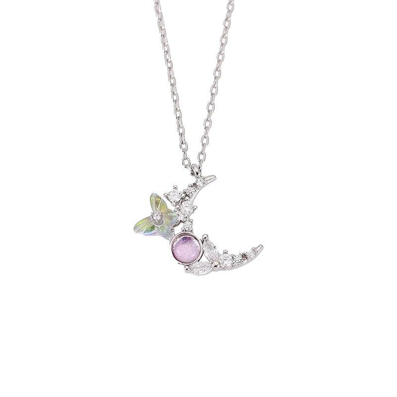 925 Sterling Silver Collier Zircon Butterfly Moon Necklace Pendant For Women Wedding Fashion New Jewelry Accessories Dz362