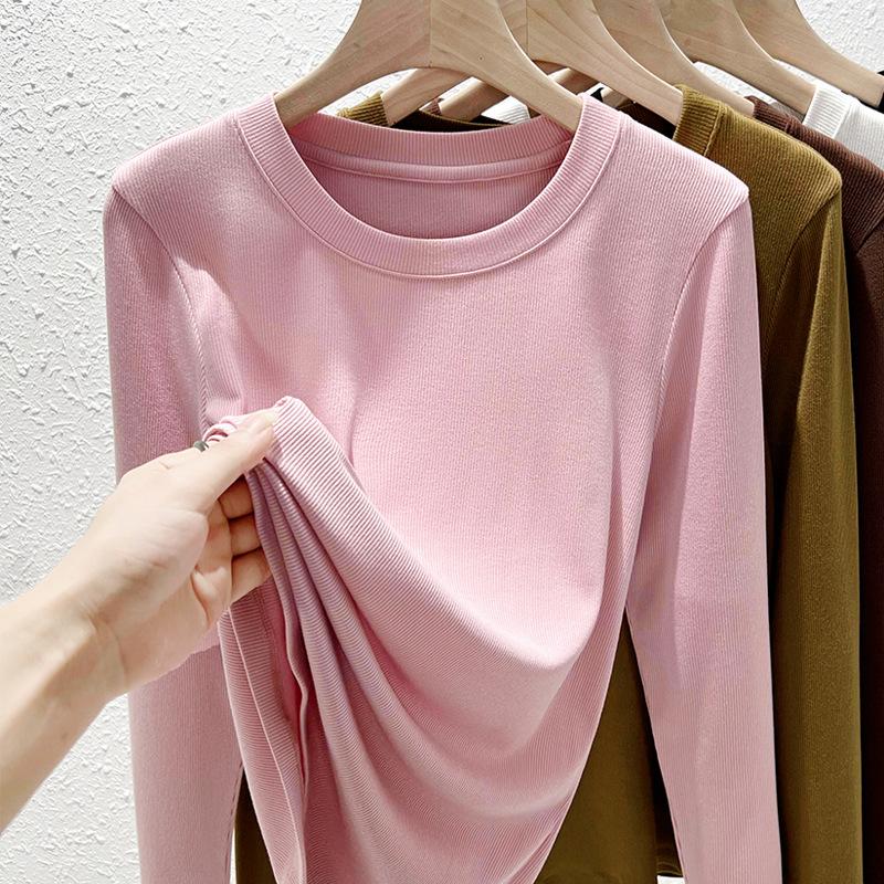 Crew neck long-sleeved t-shirt women's summer new slim-fitting and thin primer women's threaded t-shirt top