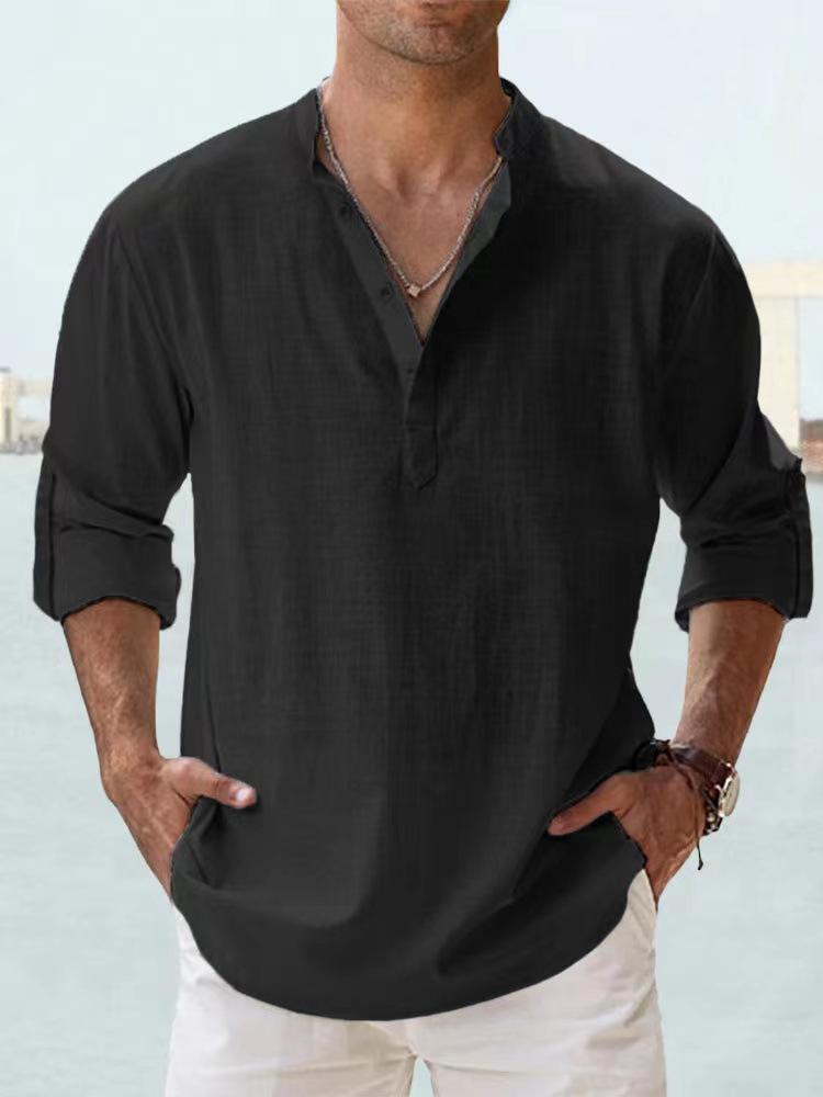 New Cotton Hemp Shirt Loose Men's Casual Shirt Lightweight Long Sleeve Henry Beach Shirt Hawaii T-shirt Large Men's Street Wear