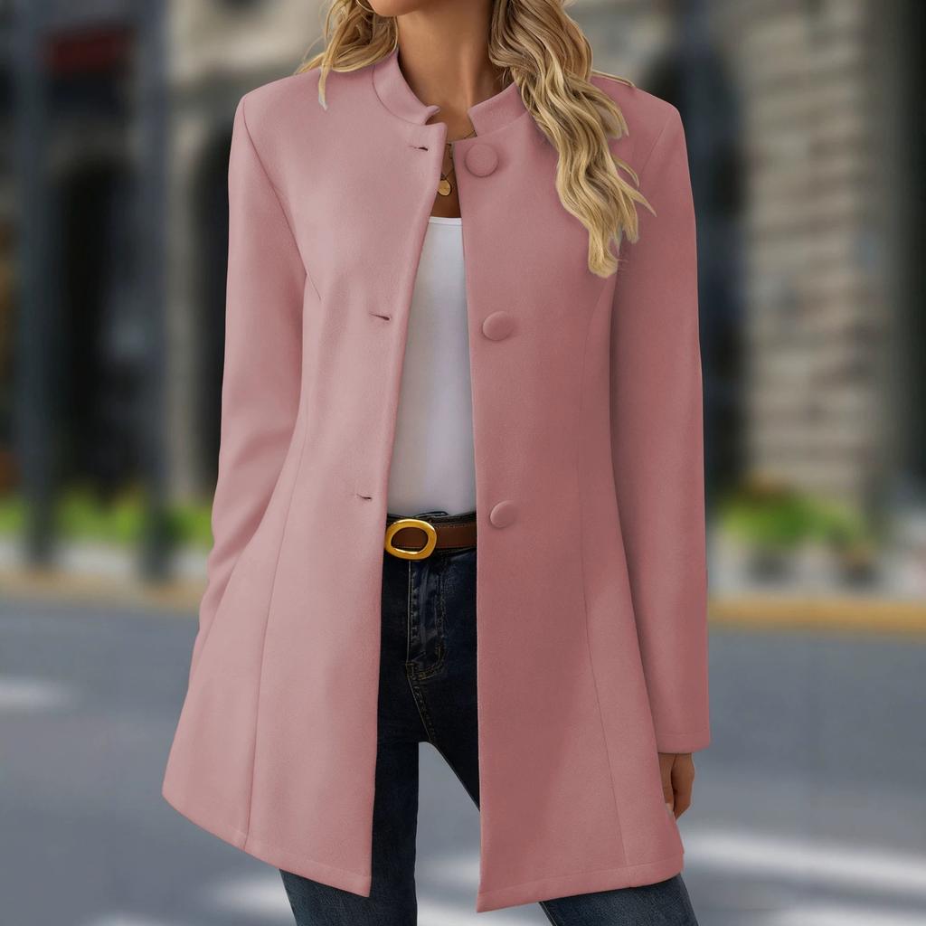 Women S Casual Stand Collar Mid Length Woolen Coat For Daily Wear