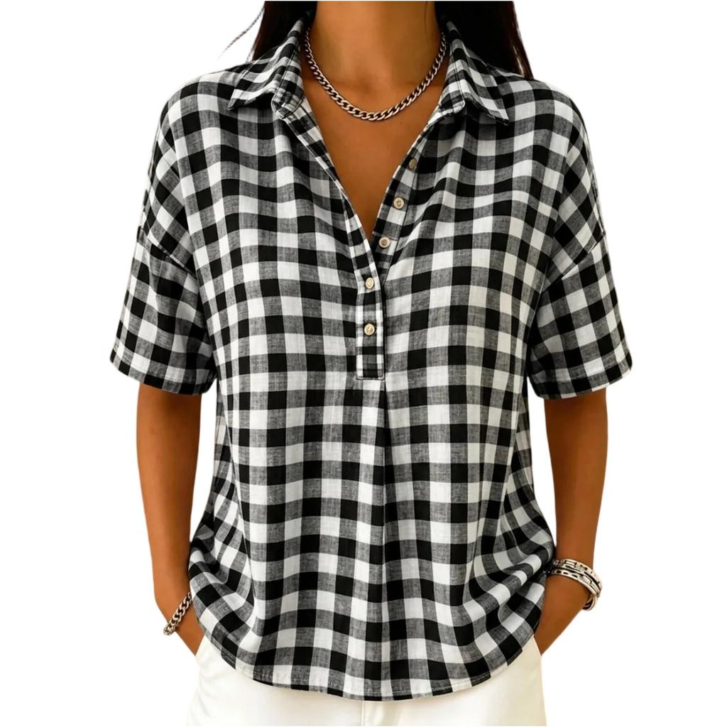 Women Casual Plaid Short Sleeve Shirt Half Button Down Collar Relaxed Fit Lightweight Blouse for Everyday Wear