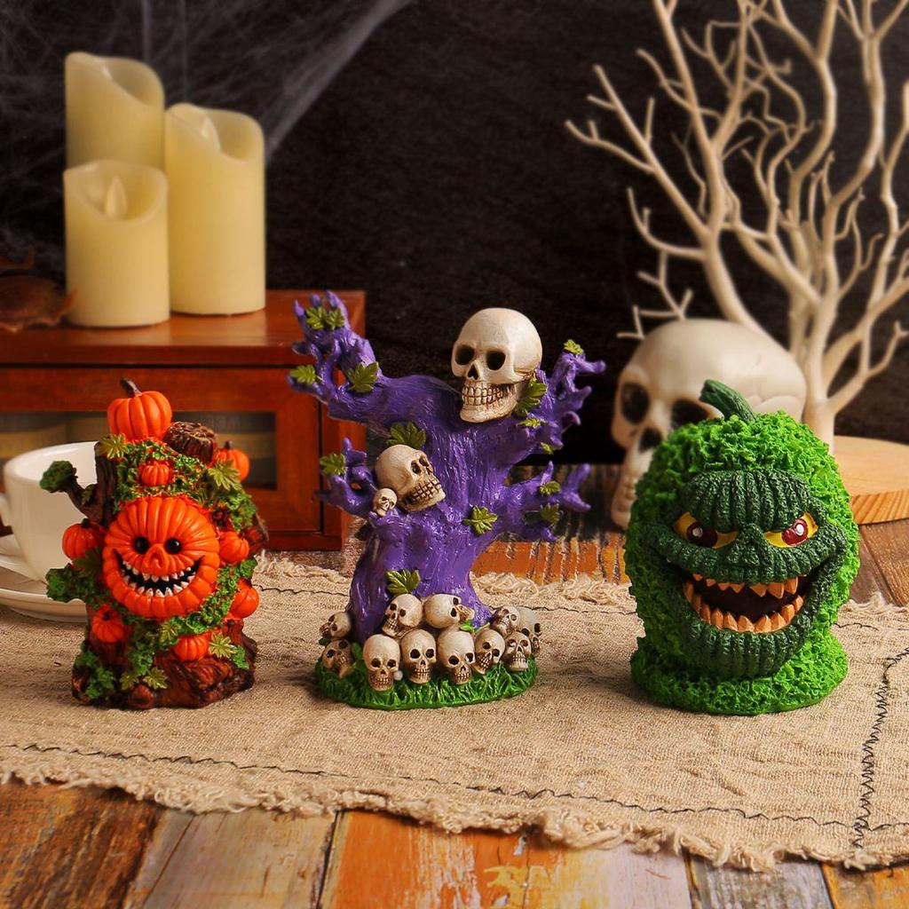 Halloween Green Pumpkin Tree Spirit Figurine - Spooky Skull Decor for Party and Atmosphere