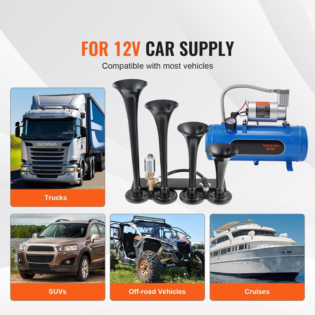 SucceBuy Train Horns Kit 4 Trumpet Air Horn Kit 150dB Train Horns 12V Air Compressor with 3/6/10L Tank, for Pickup Trucks Train