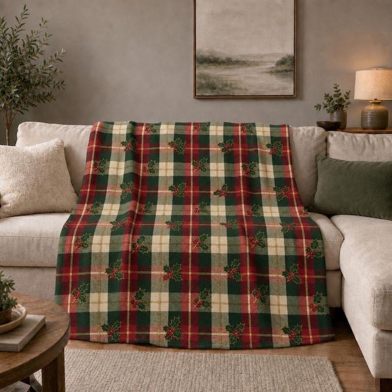 Christmas Tartan Plaid Sherpa Blanket, Red Green Checkered Velveteen throw, Cozy Winter Fleece Bedding