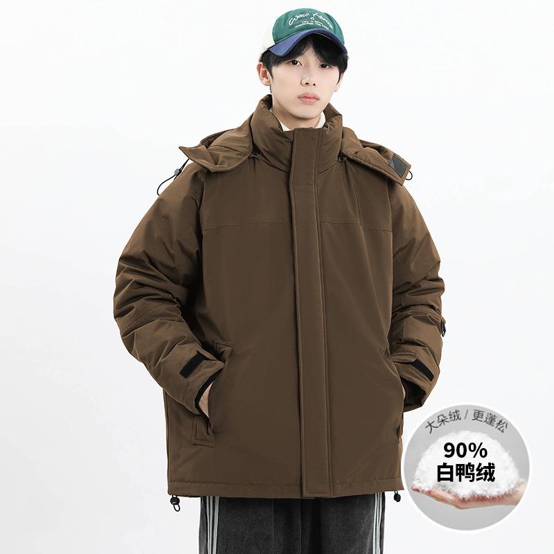 Winter new men's Korean style hooded solid color thickened warm white duck down jacket trendy couple stylish jacket