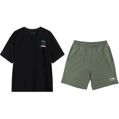 Li Ning Logo Print Simple Comfortable Fashion Round Neck Pullover Short Sleeve Mid Waist Shorts Casual Sports Set Unisex Sets YHSV373-2+YKSV147-1