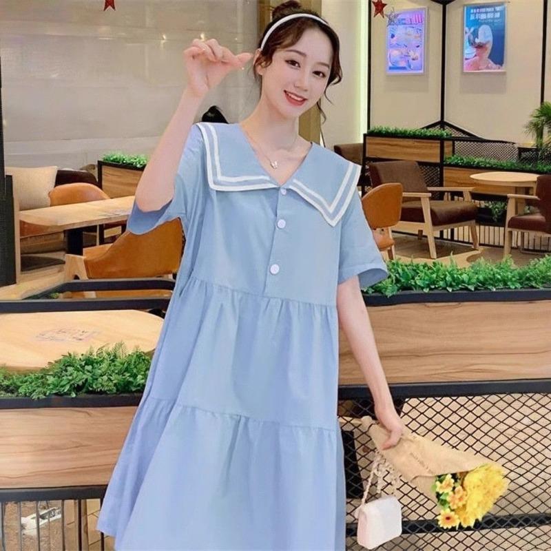 Maternity clothes summer small fresh and sweet navy collar dress women's summer loose large size high waist thin maternity dress