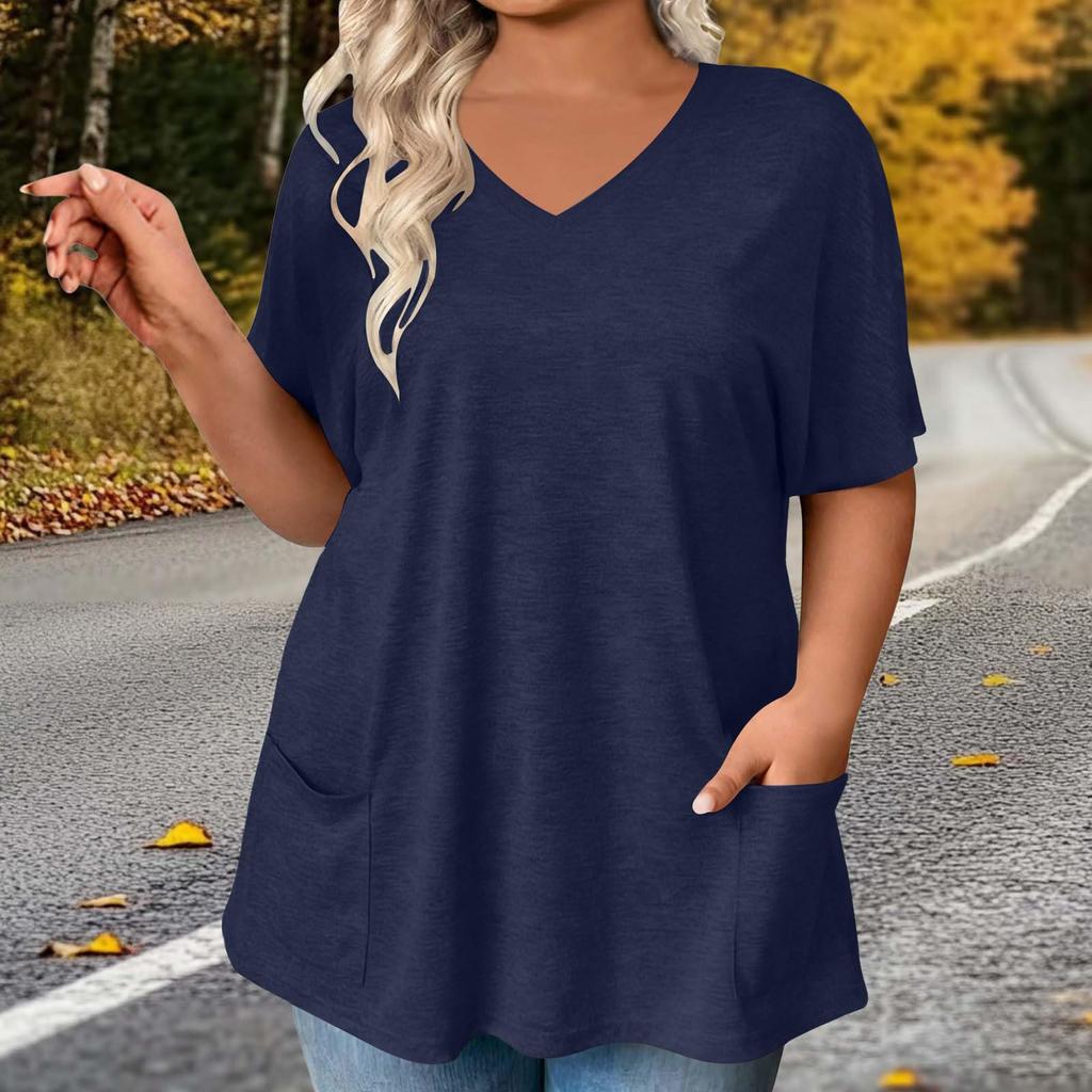 Stylish Women's Color V-neck Pocket Casual Versatile Fashion T-shirt Top