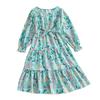7-12 Years Old Girls Clothing Spring and Autumn Dress New Green Floral Print Dress Casual Long-sleeved Dresses