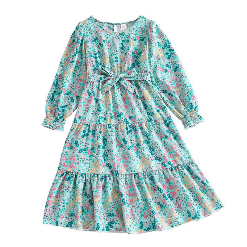 7-12 Years Old Girls Clothing Spring and Autumn Dress New Green Floral Print Dress Casual Long-sleeved Dresses