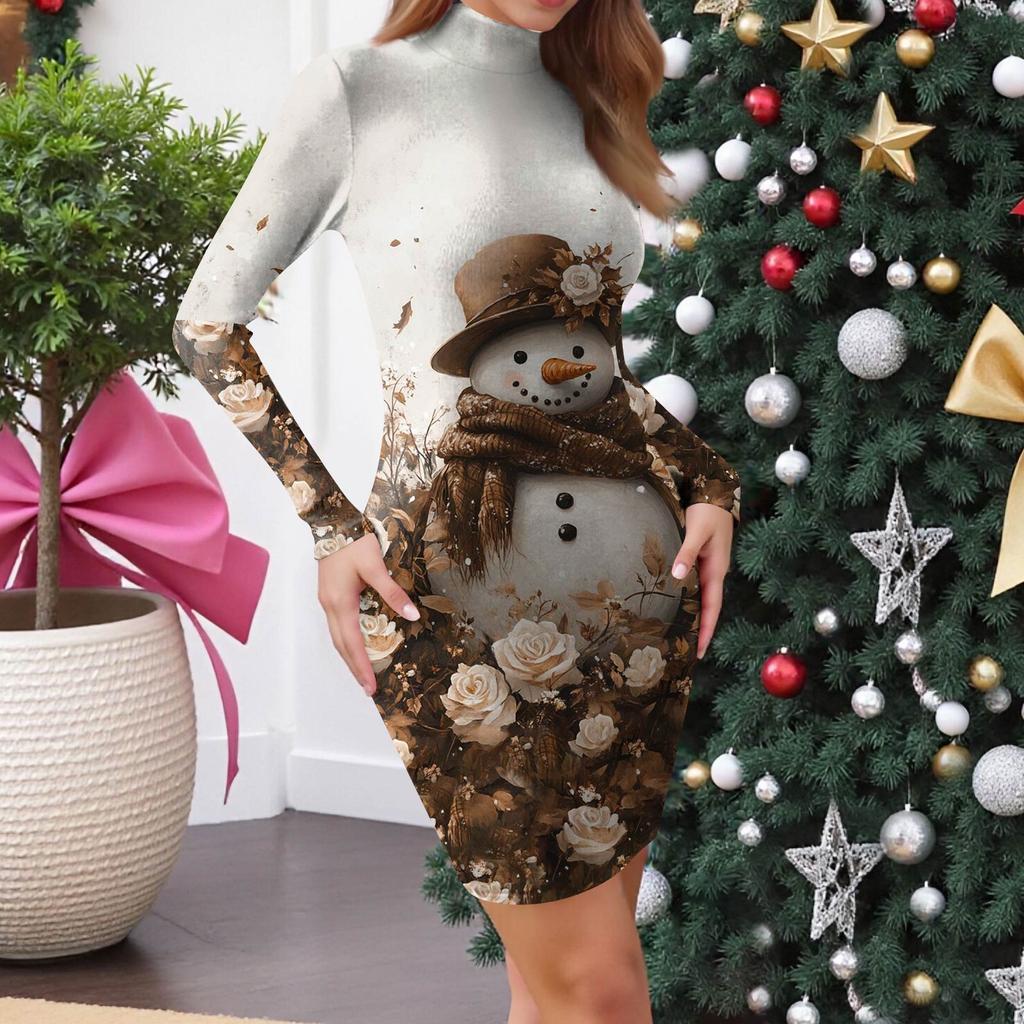 Women's High-Neck Casual Long-Sleeved Printed Slim-Fit Dress