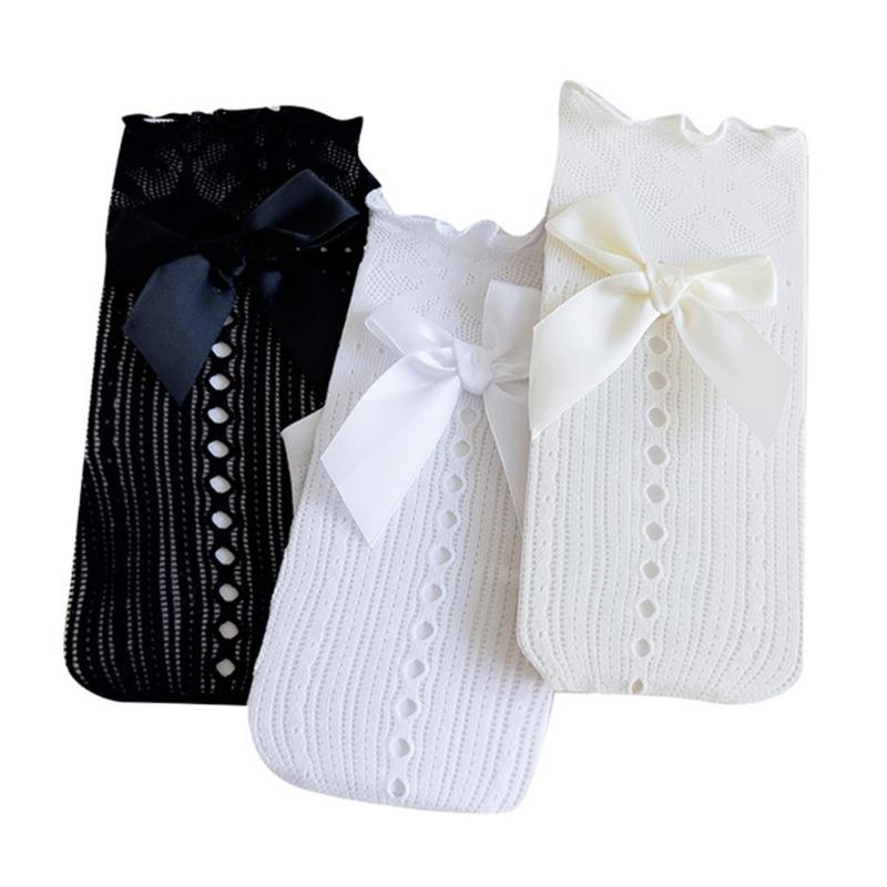 Breathable Middle Calf Socks For Girls Ruffle Trim Bowknot Accents Soft Casual Party Wear Lace Knee Length Stockings