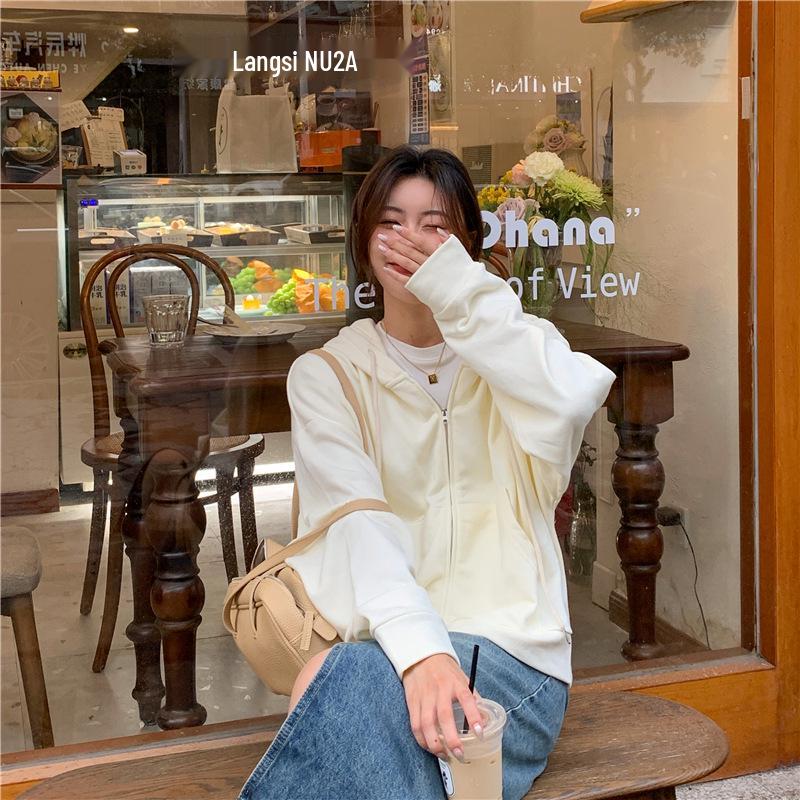 Women's College Style Hooded Sweatshirt Jacket - Spring/Autumn 2023 Zipper Loose Cardigan Top