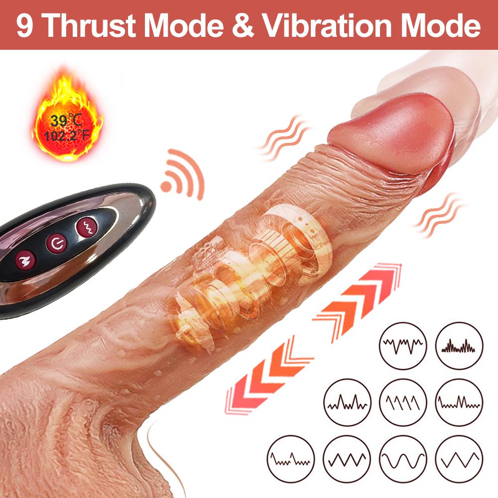 Automatisk Teleskopisk Swing Dildo Trådløs Fjernkontroll Oppvarming Vibrator Sugekopp Realistisk Penis Sexleketøy for Kvinne 18