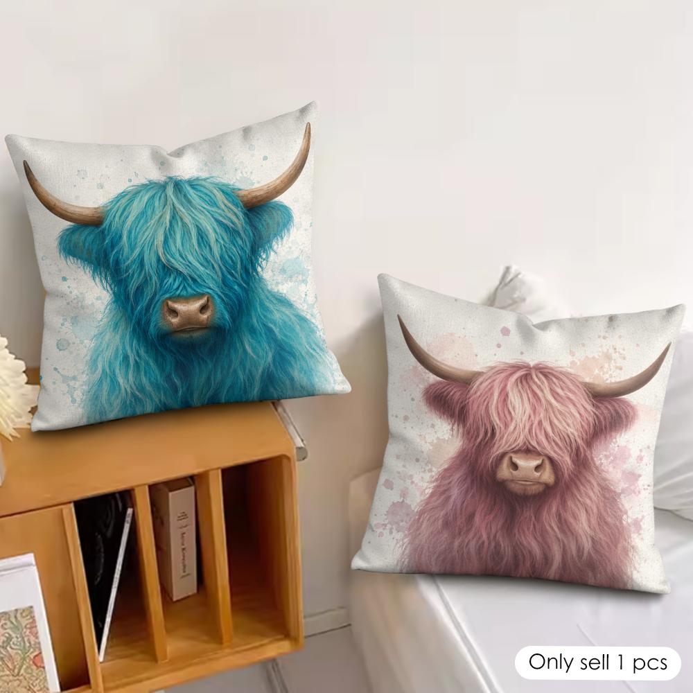 Turquoise Highland Cow Pillow Case Double-Sided Plush Sofa Cushion Covers Organic Breathable Invisible Zipper