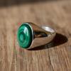 Green Malachite Signet Ring, 925 Solid Sterling Silver, Oval Cabochon Copper Ring, Men Women Ring