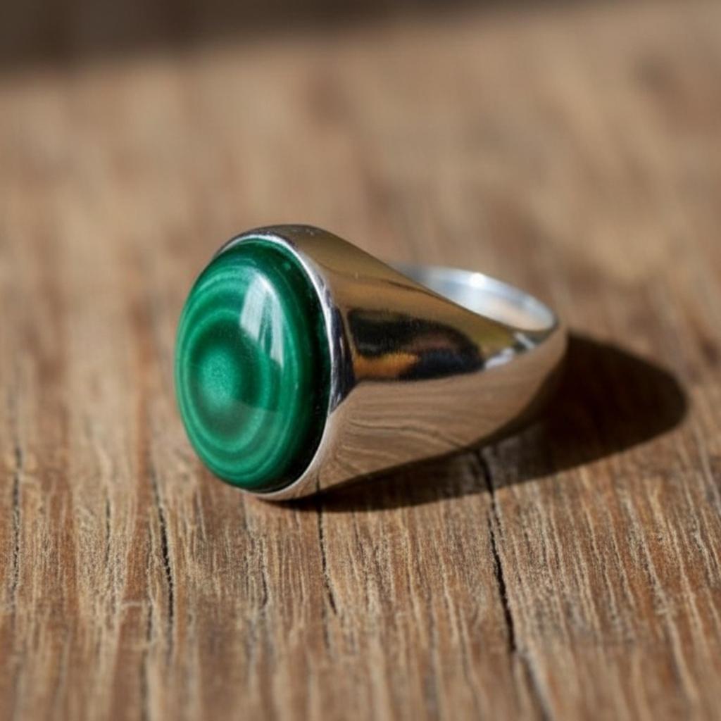 Green Malachite Signet Ring, 925 Solid Sterling Silver, Oval Cabochon Copper Ring, Men Women Ring