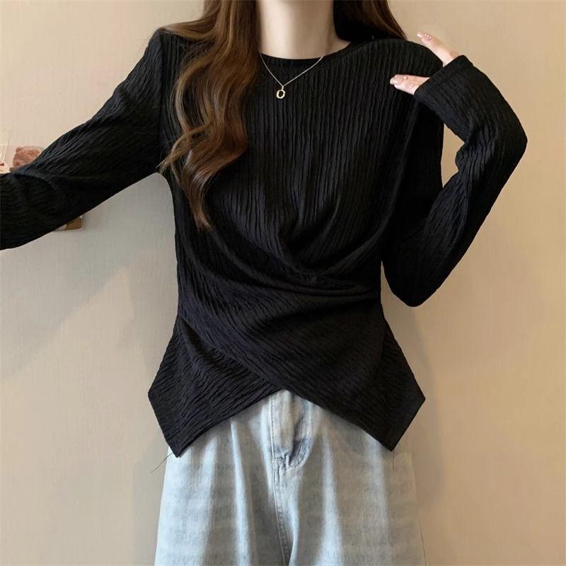 

Plus Size Irregular Base Layer Top for Women - Slimming, Tummy-Concealing with Unique Slit Design, Perfect for Spring/Autumn. M чёрный