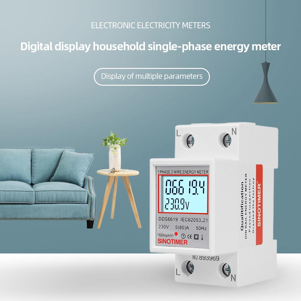 Din Rail Digital Single Phase Energy Meter LCD Digital Display Wattmeter Power Consumption Energy Electric Meter KWh AC 230V 80A