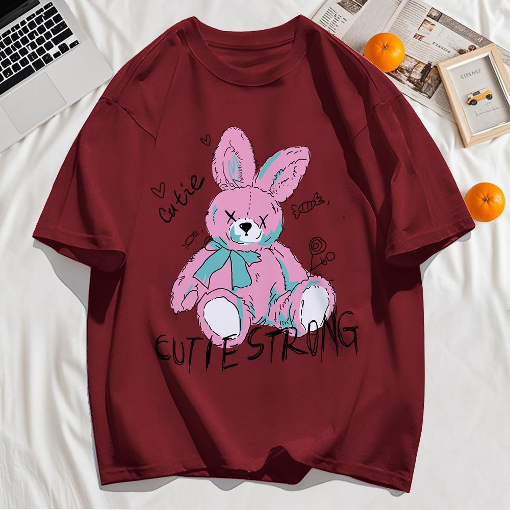 Lovely Plush Doll Rabbit Print Mens T-Shirt Cotton Short Sleeve Summer Loose Casual T Shirt Soft Clothes