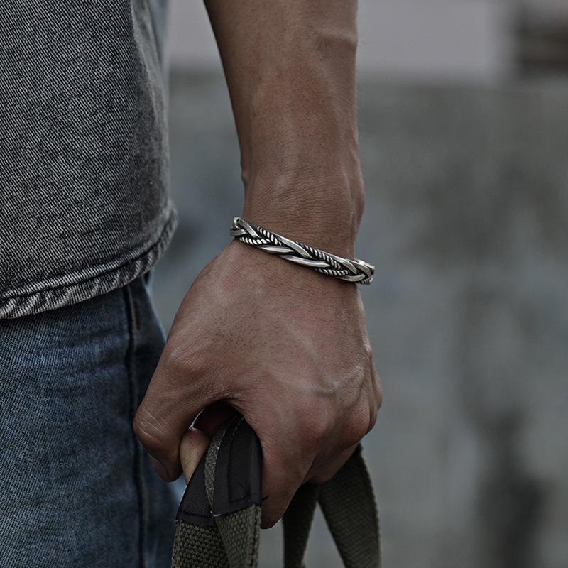 Herren Thailändisches Silber Gedreht Gewebt Offen Armbänder Armreif Neutral Retro Original Handgefertigt Exquisiter Schmuck Einzigartiges Geschenk